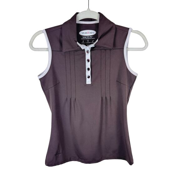 Tehama Brown Collared Sleeveless 1/4 Button Stretchy Athletic Polo Top Size XS - Picture 1 of 6